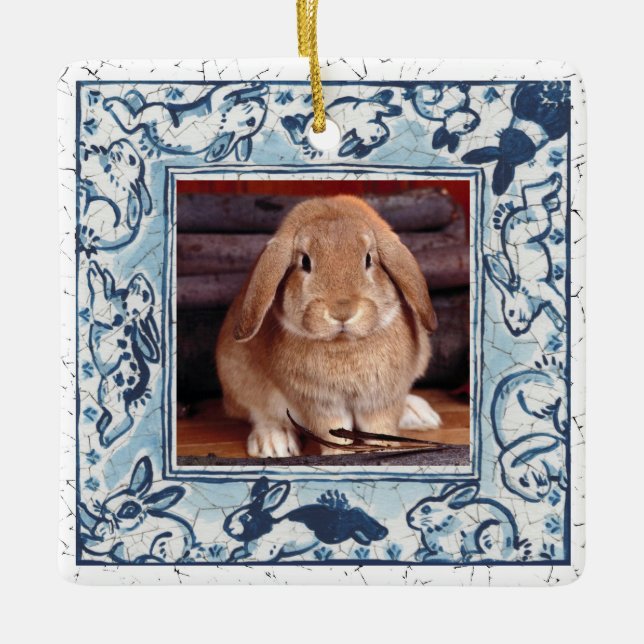 Blue & White Bunny Rabbit Delft Dedham Pet Photo Julgransprydnad Keramik (Framsida)