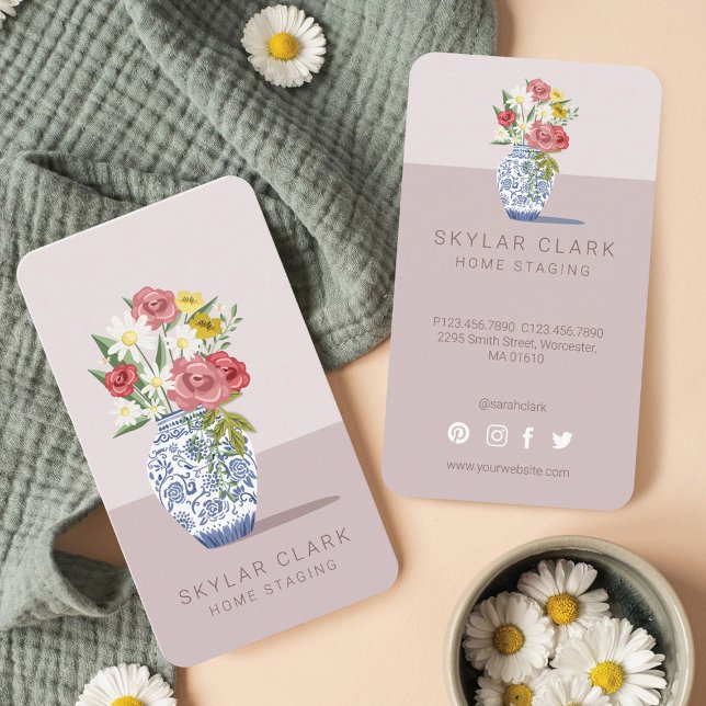 Blue & White Ceramic Vas Bouquet, hemmagring Visitkort (Blue & White Ceramic Vase Bouquet, Home Staging Business Card)