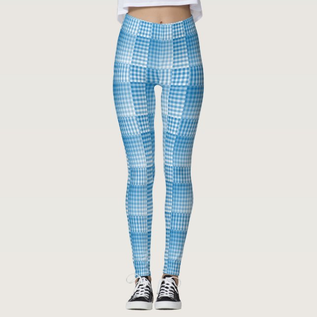 Blue White Checker Abstract Pattern Leggings (Framsida)