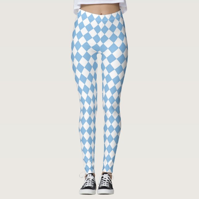 Blue White Checker Diamond Mönster Leggings (Framsida)