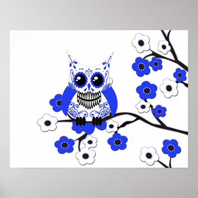 Blue White Cherry Blommar Uggla Poster (Framsidan)