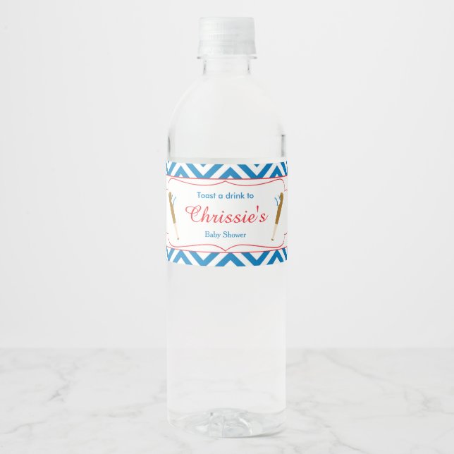 Blue & White Chevron Baseball Baby Vattenflaskor Etikett (Framsida)
