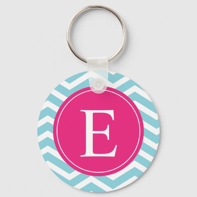 Blue White Chevron Bright Rosa Monogram Nyckelring (Framsida)