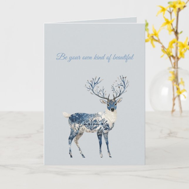 Blue White Chic Deer Birthday Kort (Gul blomma)