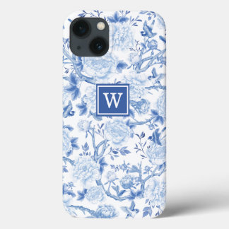 Blue White Chinoiserie Bird Peony Garden Monogram