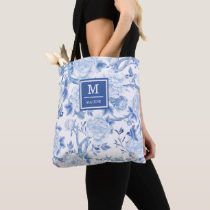 Blue White Chinoiserie Bird Peony Garden Monogram Tygkasse