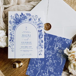 Blue White Chinoiserie Blommigt Garden Wedding Inbjudningar