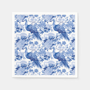 Blue White Chinoiserie Blommigt Peacock Birds Pappersservett