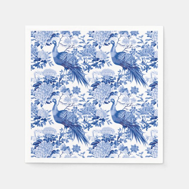 Blue White Chinoiserie Blommigt Peacock Birds Pappersservett (Framsidan)