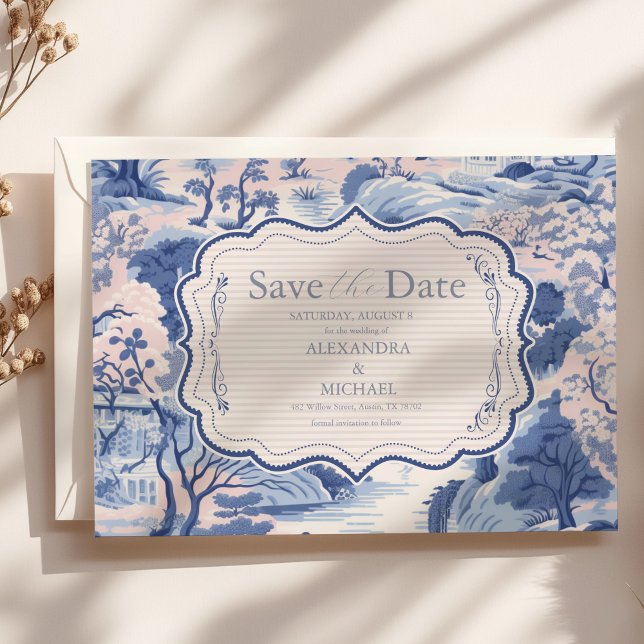Blue White Chinoiserie Blommigt Porcelain Bröllop Spara Datumet (Skapare uppladdad)