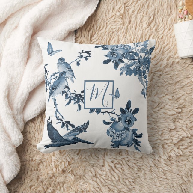 Blue White Chinoiserie Blommigt Snyggt Monogram Kudde (Filt)