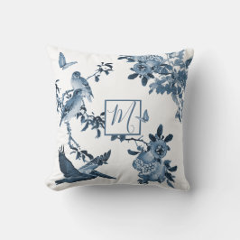 Blue White Chinoiserie Blommigt Snyggt Monogram Kudde