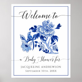 Blue White Chinoiserie Blommigt Välkomstbabyskor Poster