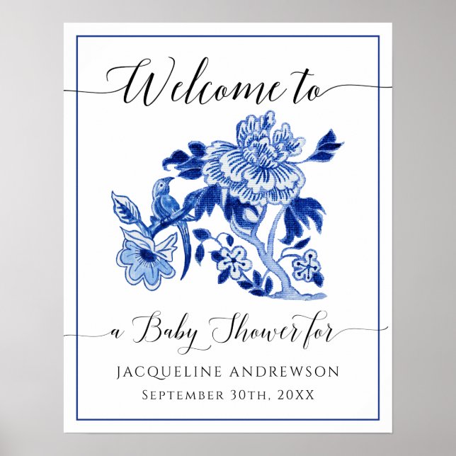 Blue White Chinoiserie Blommigt Välkomstbabyskor Poster (Framsidan)