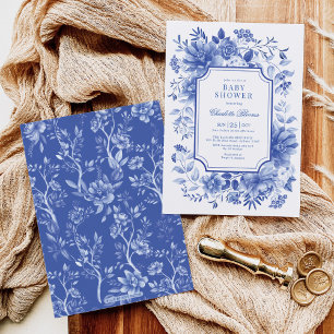 Blue White Chinoiserie Blomsterträdgård Baby Showe Inbjudningar