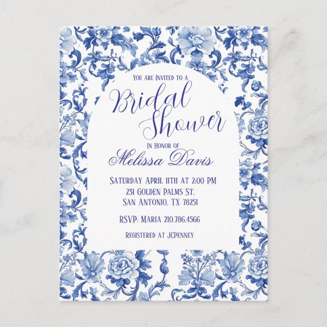 Blue & White Chinoiserie Bridal Shower Invitation Vykort (Framsida)