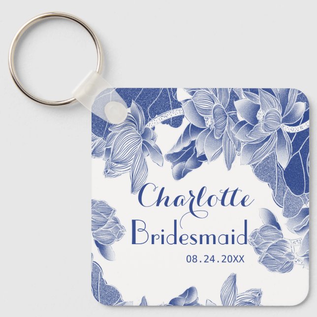 Blue White Chinoiserie Bridesmaid Wedding Favor Nyckelring (Framsida)