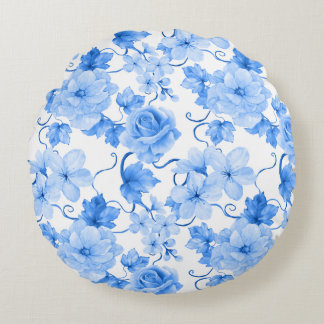 Blue & White Chinoiserie Floral Botanical Print Rund Kudde