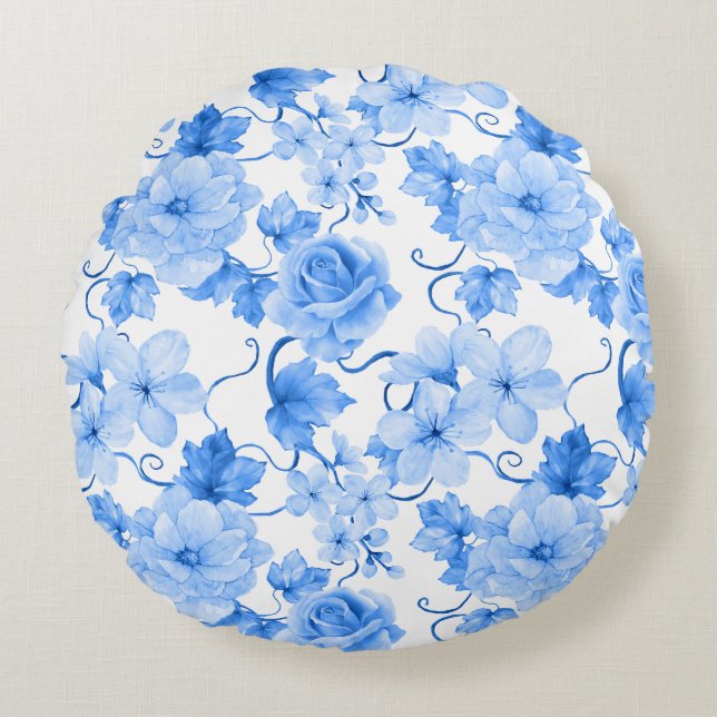 Blue & White Chinoiserie Floral Botanical Print Rund Kudde (Framsidan)