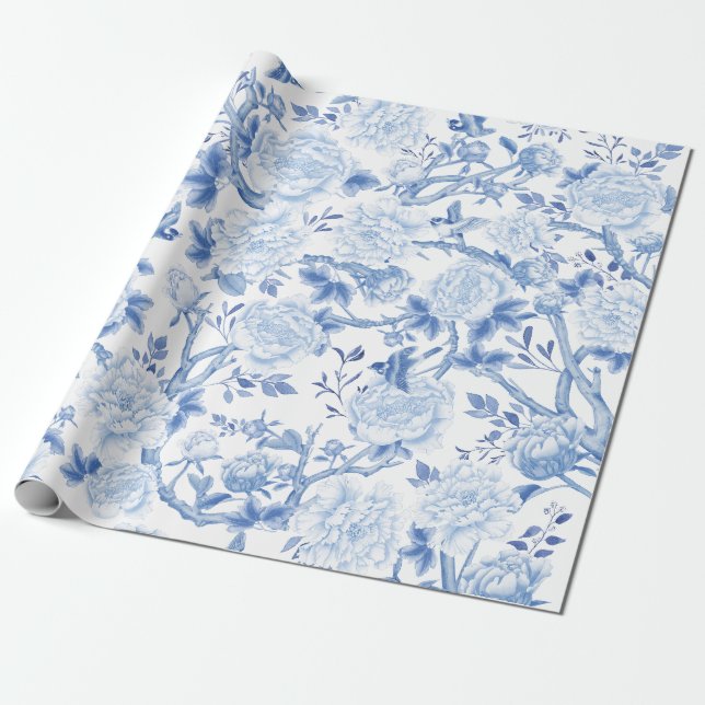 Blue White Chinoiserie Flowers Birds Porcelain Presentpapper (Utrullad)
