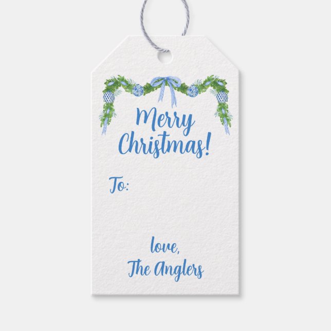 Blue & White Chinoiserie Garland Helgdag Presentetikett (Framsidan)