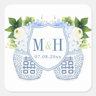 Blue & White Chinoiserie Initialer och Date Bröllo Fyrkantigt Klistermärke