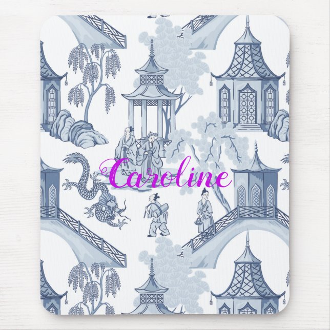 Blue & White Chinoiserie Mönster med Monogram Musmatta (Framsidan)