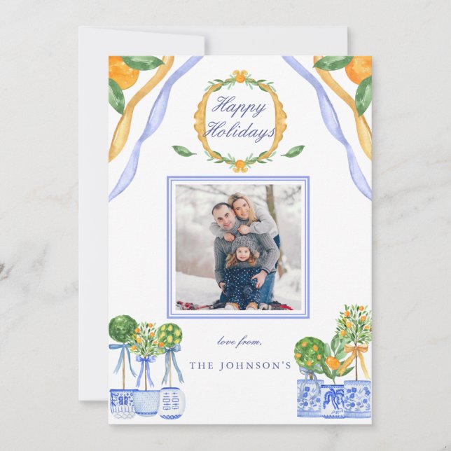 Blue White Chinoiserie Orange - julfoto Julkort (Framsida)