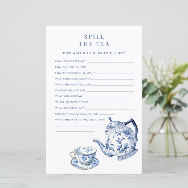 Blue & White Chinoiserie Spill the Tea Shower Game (Stående Fram)