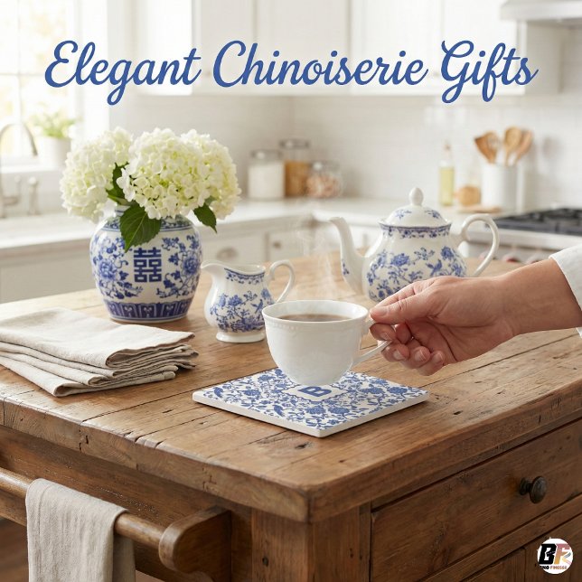 Blue & White Chinoiserie Toile Monogram B Bird Flo Stenunderlägg (Skapare uppladdad)