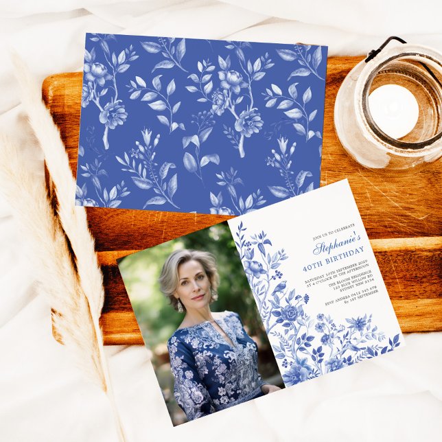 Blue White Chinoiserie Women 40th Birthday Photo Inbjudningar (Skapare uppladdad)
