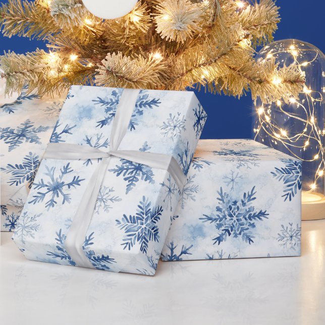 Blue White Christmas Pine Trees Snowflakes Presentpapper (Helgdagar)