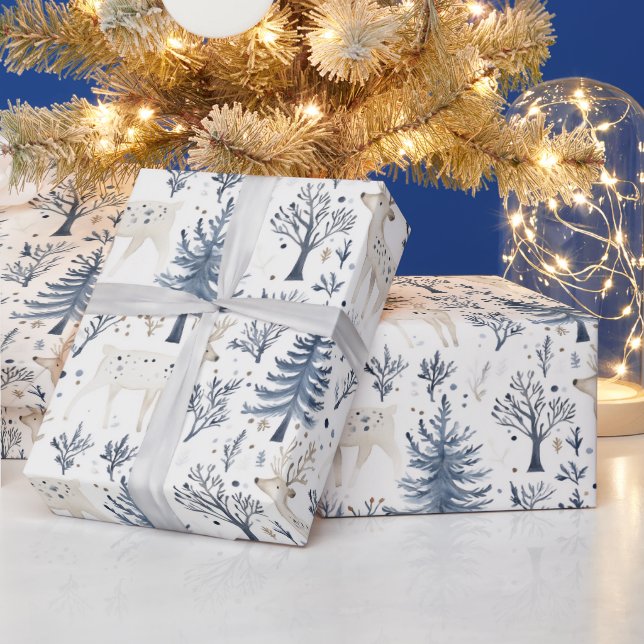 Blue White Christmas Trees Deer Presentpapper (Helgdagar)