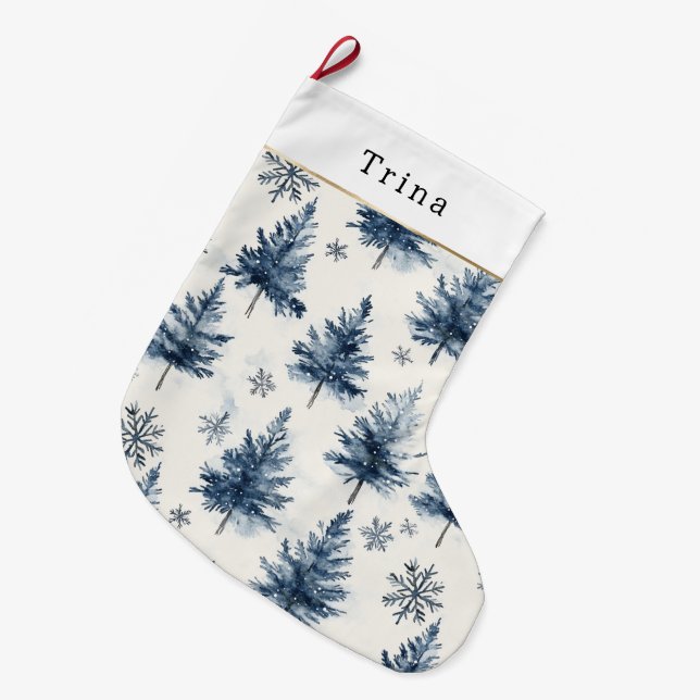 Blue White Christmas Trees Snowflakes Stor Julstrumpa (Framsidan (Hängande))