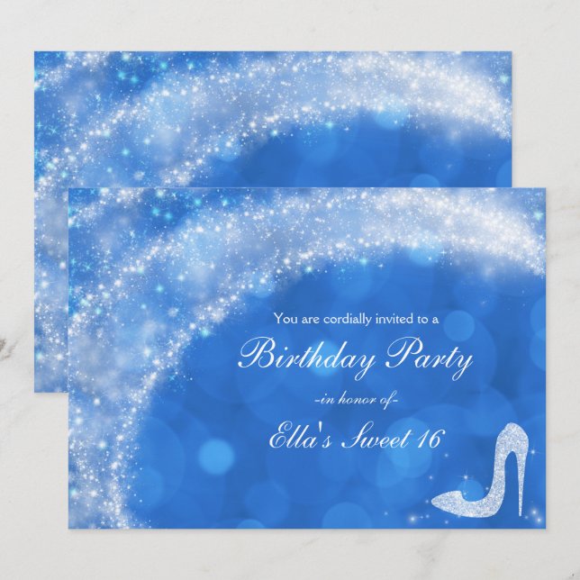 Blue & White Cinderella Gnistra High Heel Party Inbjudningar (Fram/baksida)