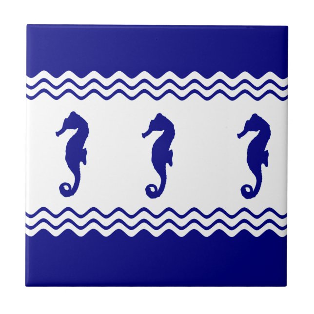 Blue White Coastal Seahorses Stripes Kakelplatta (Framsidan)