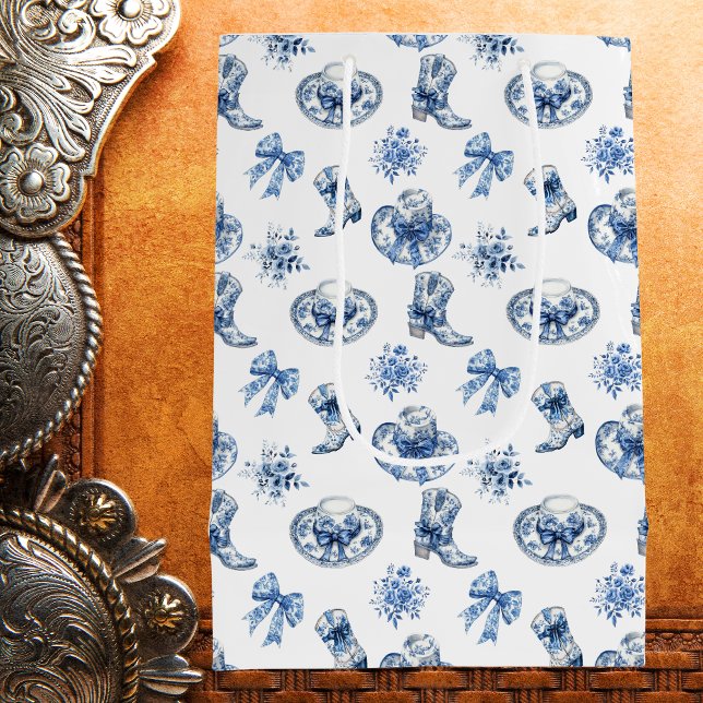 Blue White Cowgirl Boots Bows Toile Chinoiserie (Skapare uppladdad)
