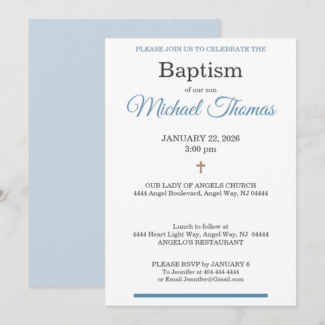 Blue White Cross Custom Name Baptism Inbjudningar (Fram/baksida)