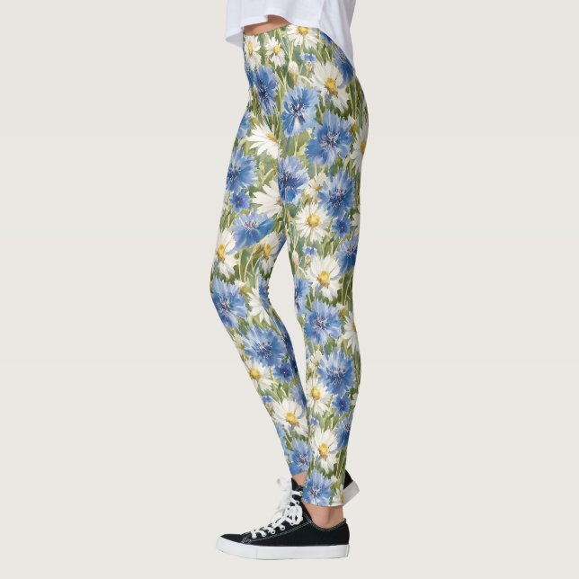 Blue White Daisy Flowers Leggings (Vänster)