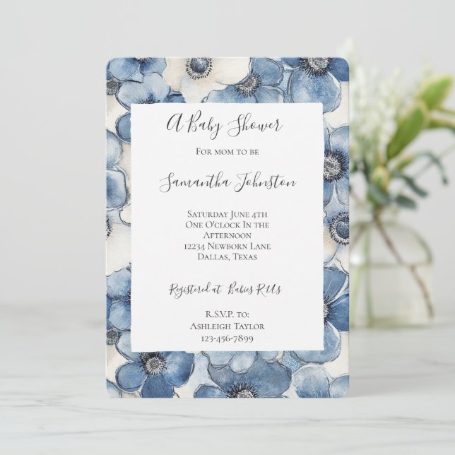 Blue White Denim Flowers Baby Shower Inbjudningar (Stående Fram)