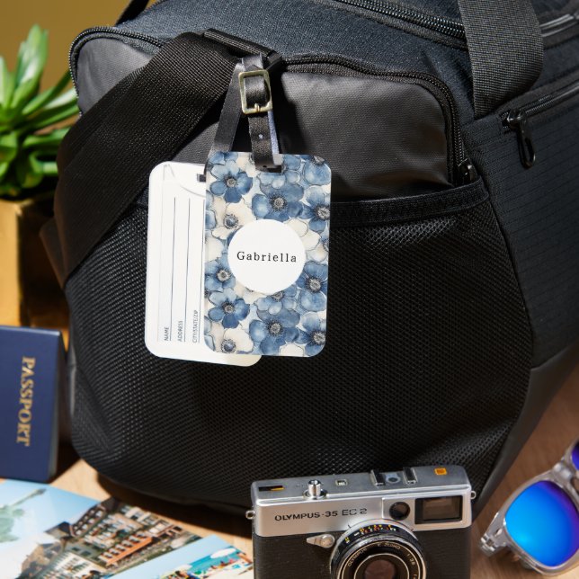 Blue White Denim Flowers Bagagebricka (Framsida & Baksida)