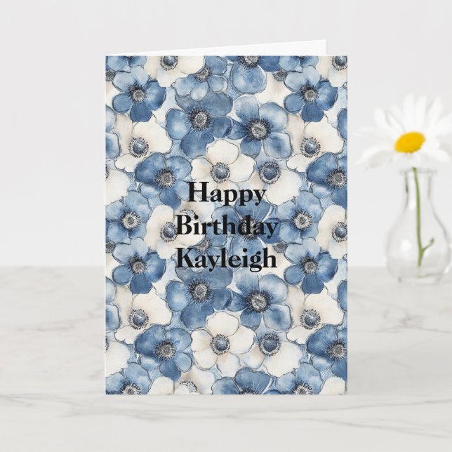 Blue White Denim Flowers Birthday Kort (Liten växt)