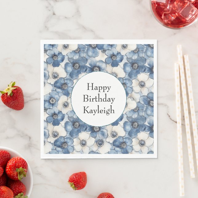 Blue White Denim Flowers Birthday Pappersservett (Insitu)