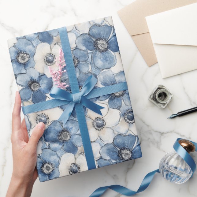Blue White Denim Flowers Birthday Presentpapper (Gifting)