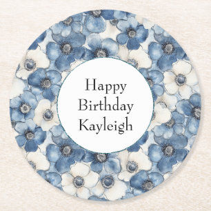Blue White Denim Flowers Birthday Underlägg Papper Rund