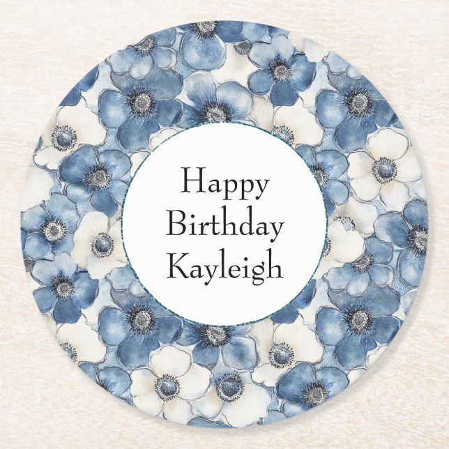 Blue White Denim Flowers Birthday Underlägg Papper Rund (Framsidan)