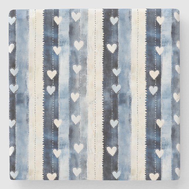 Blue White Denim Heart Rand Stenunderlägg (Framsidan)
