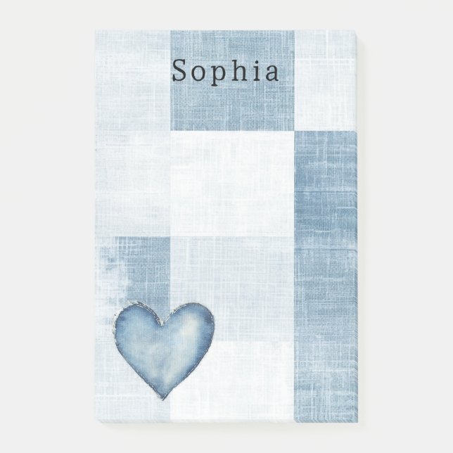 Blue White Denim Jean Heart Personlig Namn Post-it Block (Framsida)