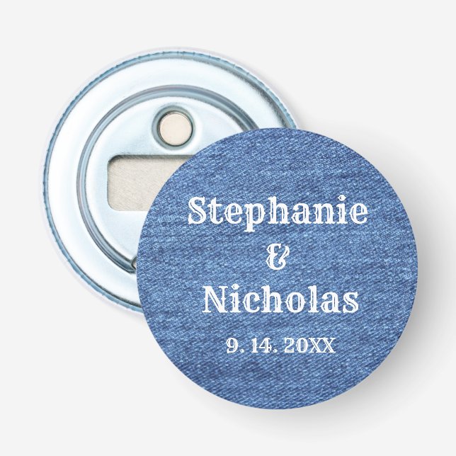 Blue White Denim Theme Bröllop Flasköppnare (Framsidan)