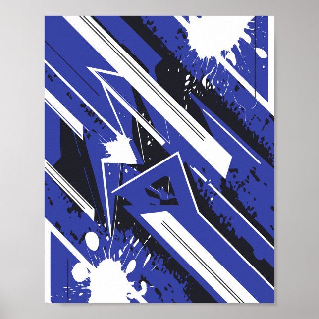 Blue & White Diagonal Stripes with Paint Splashes Poster (Framsidan)